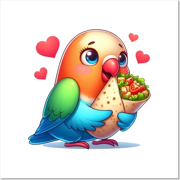 cute love birds are eating Mexican specialties, Tacos, Burritos, Enchiladas, Quesadillas, Guacamole, Fajitas, Chiles Rellenos, Tamales, Mole, Chilaquiles, Wall Art by art poo